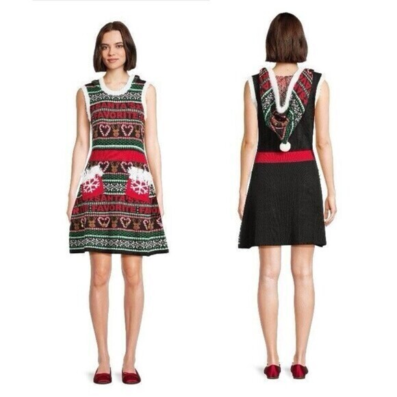 Santa's Favorite Embellished Christmas Holiday Sweater Dress Sz M Black Red Mini - Picture 1 of 16